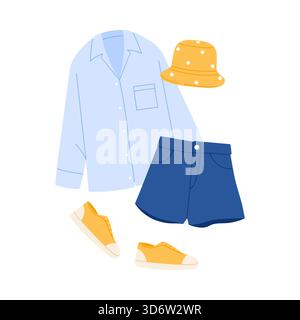 Outfit da donna casual isolato con camicia, cappello e sneaker su sfondo bianco, illustrazione vettoriale Illustrazione Vettoriale