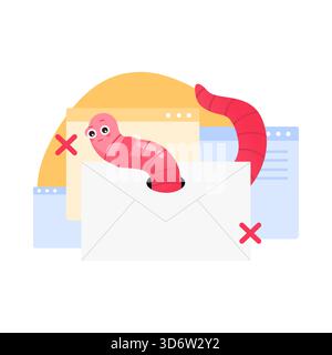 Worm cartoni animati che emerge da una busta che simboleggia l'attacco di virus email su un'illustrazione vettoriale isolata su sfondo bianco Illustrazione Vettoriale