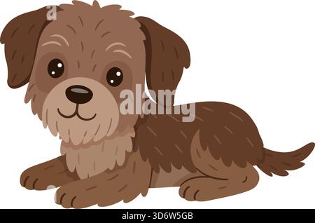 Simpatico cucciolo marrone sdraiato. Semplice illustrazione colorata in stile piatto. Puntatore slovacco o Border Terrier, Yorkshire. Per disegni per bambini, adesivi, temi per animali domestici, materiale didattico, grafica per animali. Illustrazione Vettoriale