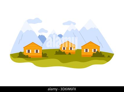 Tre cabine in legno su verdi colline con montagne alpine innevate sullo sfondo, illustrazione vettoriale isolata Illustrazione Vettoriale