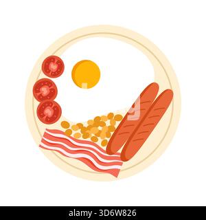 Colazione britannica classica con uova, pancetta, salsicce, fagioli e pomodoro su sfondo bianco isolato, illustrazione vettoriale Illustrazione Vettoriale