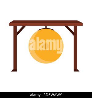 Design piatto di gong con telaio in legno, isolato su bianco per l'illustrazione vettoriale di concetti culturali e musicali Illustrazione Vettoriale