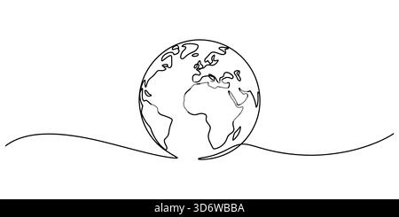 Disegno continuo su una linea del globo di terra, concept art minimale, connessione globale Illustrazione Vettoriale
