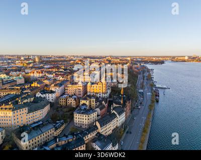 Stoccolma, Svezia. Alba su Mariaberget e sul lago Malaren, Södermalm Foto Stock