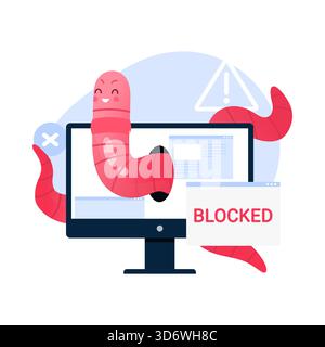 Attacco di worm del computer dei cartoni animati isolato bloccato sullo schermo con l'illustrazione del vettore del segnale di avvertimento Illustrazione Vettoriale