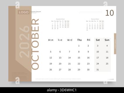 Il calendario di ottobre 2026 è bianco e beige. La disposizione del calendario di ottobre 2026 con la data di inizio della settimana di lunedì. Illustrazione Vettoriale