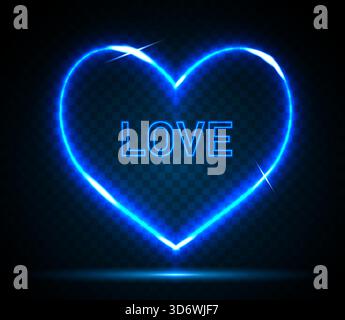 Cuore al neon blu su sfondo trasparente. Un cuore brillante per biglietti, striscioni, inviti. EPS vettoriale 10. Illustrazione Vettoriale