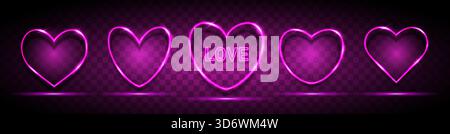 Un set di cinque cornici al neon rosa a forma di cuore con spazio per il testo su sfondo scuro. Illustrazione Vettoriale