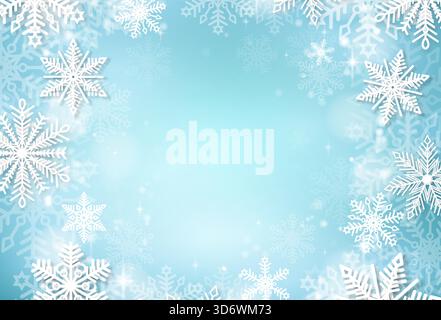 Striscione invernale con fiocchi di neve su sfondo blu. Illustrazione Vettoriale