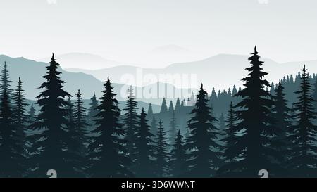 una foresta nebbiosa di tonalità blu Illustrazione Vettoriale