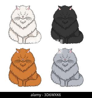 Set di illustrazioni a colori con gatto soffice. Oggetti vettoriali isolati su sfondo bianco. Illustrazione Vettoriale