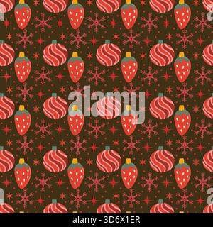 festività natalizie con decorazioni a bacca, baubles e fiocchi di neve. Sfondo natalizio per l'avvolgimento, design in tessuto. Decorazioni natalizie motivo senza cuciture. Illustrazione Vettoriale