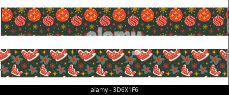 Set di motivi natalizi con bordi senza cuciture. Illustrazione piatta del vettore del cartone animato. I biscotti e gli ornamenti natalizi sono delimitati su sfondo scuro. Slitta di Natale con bacche di agrifoglio e baubles con fiocchi di neve. Illustrazione Vettoriale