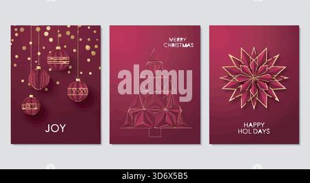 Elegante set di biglietti di Natale. Design Borgogna e oro con ornamenti, alberi e fiocchi di neve. Auguri festivi. Illustrazione Vettoriale