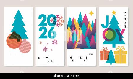Set di 4 biglietti di auguri per Capodanno 2026 con alberi di Natale, fiocchi di neve e regali. Design moderno e colorato per le vacanze. Illustrazione Vettoriale