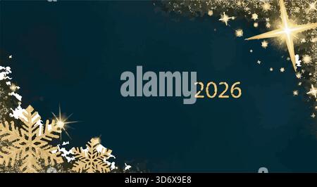 Elegante sfondo per Capodanno 2026. Fiocchi di neve e stelle dorate su uno sfondo blu scuro. Design moderno e festoso. Illustrazione Vettoriale
