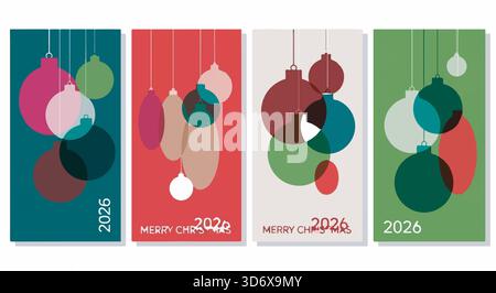 Set di biglietti per Natale 2026. Decorazioni minimaliste in verde, rosso, grigio, verde. Saluti natalizi. Grafica moderna per le feste. Illustrazione Vettoriale