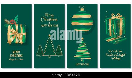 Eleganti biglietti di Natale verdi e dorati. Confezione regalo, ornamento, alberi di Natale. Stile acquerello. Buon Natale e felice anno nuovo auguri. Illustrazione Vettoriale