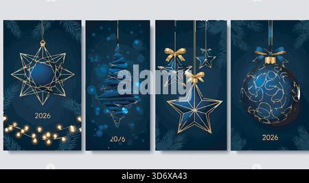 Eleganti biglietti per Capodanno 2026 con albero di Natale geometrico, stella e ornamento in blu e oro. Set di biglietti d'auguri festivi. Illustrazione Vettoriale