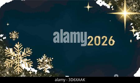 Elegante sfondo Capodanno 2026 con fiocchi di neve dorati e stelle su sfondo blu scuro. Design festivo e celebrativo. Illustrazione Vettoriale