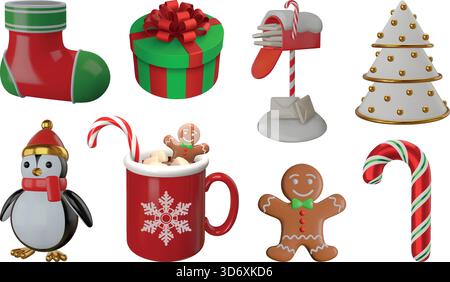 set di elementi 3d natalizi. collezione di decorazioni realistiche natalizie. Illustrazione Vettoriale