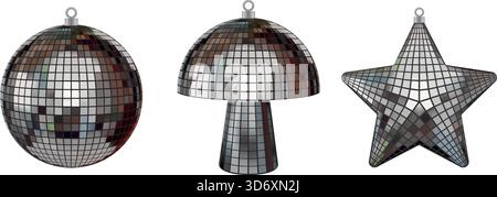 decorazioni natalizie isolate con ballo da discoteca. decorazioni a forma di sfera, funghi e stella. baubles di natale Illustrazione Vettoriale