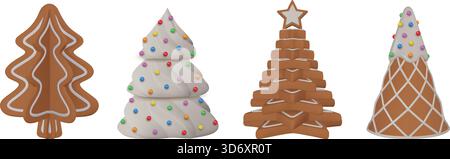 set di albero di natale di pan di zenzero. collezione di alberi di natale in 3d con decorazioni a base di ghiaccio e biscotti Illustrazione Vettoriale