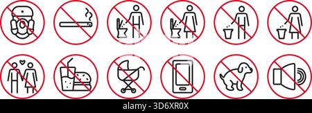 Cartelli di divieto per WC, set di icone con linea nera. Raccolta di profili vettoriali monocromatici per i bagni di donne e uomini, pittogrammi di ictus modificabili Illustrazione Vettoriale