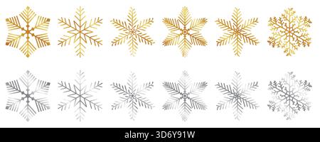 Design con fiocco di neve dorato e argento, motivo con fiocco di neve intricato che luccica la decorazione con fiocco di neve in oro e argento Illustrazione Vettoriale