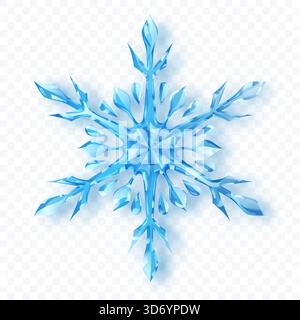 Un complesso fiocco di neve con sfaccettature cristalline in sfumature di blu chiaro con ombre morbide su sfondo trasparente. Trasparenza solo in formato vettoriale. Illustrazione Vettoriale