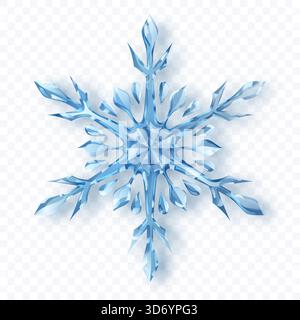 Un complesso fiocco di neve con sfaccettature cristalline in sfumature di blu con ombre morbide su sfondo trasparente. Trasparenza solo in formato vettoriale. Illustrazione Vettoriale