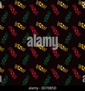 Motivo senza cuciture con caramelle colorate in stile lineare su sfondo nero. Sfondo delle festività vettoriali. Illustrazione Vettoriale