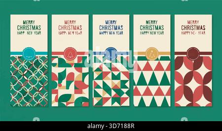 Set di cartoline natalizie retrò con motivi geometrici. Design natalizio con colori festivi e tipografia. Illustrazione grafica vettoriale. Illustrazione Vettoriale