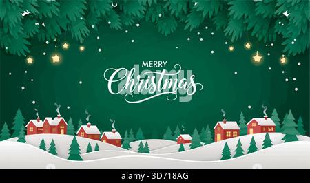 Buon Natale con case nel paesaggio innevato, rami di pini e stelle su sfondo verde. Design per le festività natalizie. Illustrazione Vettoriale