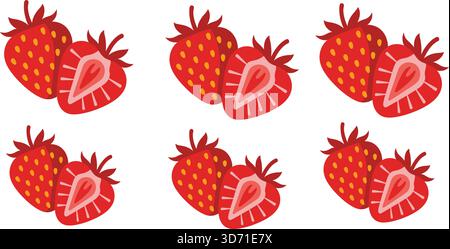 Set illustrativo di fragole con frutti di bosco intere e metà in stile cartoni animati con semi e dettagli interni stilizzati Illustrazione Vettoriale