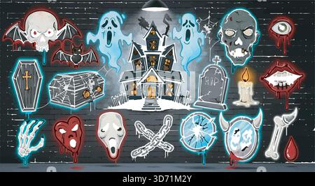 Graffiti di Halloween su un muro di mattoni. Teschio spettrale, fantasma, casa infestata e icone zombie. Sfondo di Halloween. Illustrazione Vettoriale