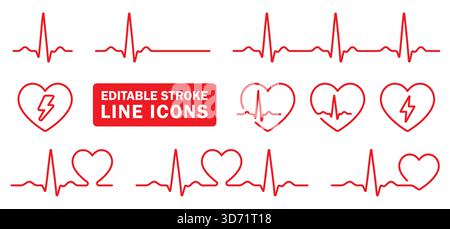 Set di icone ECG Heart Beat Line (linea battito cardiaco ECG). Una raccolta di icone di traccia modificabili con linea sottile vettoriale rossa che rappresentano frequenza cardiaca, polso e segnale ECG. Perfetto Illustrazione Vettoriale