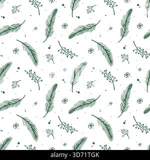 Fantasia natalizia senza cuciture con rami di abete verde su sfondo bianco. Motivo Coquette per avvolgere carta, tessuto e decorazioni natalizie Illustrazione Vettoriale