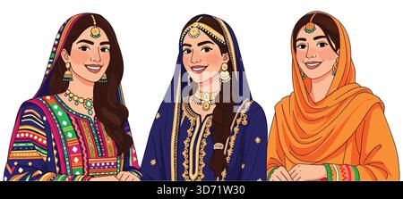 Tre donne in abbigliamento tradizionale del Sud Asiatico illustrazione vettoriale colorato etnico abbigliamento Art Illustrazione Vettoriale