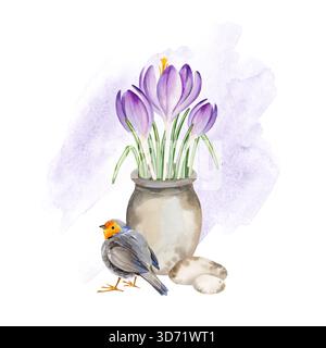 Fiori in vaso di ceramica, simpatico uccello petto rosso, acquerello disegnato a mano e crochi lilla crescono in vaso di argilla e robin, illustrazione di Pasqua primaverile Foto Stock