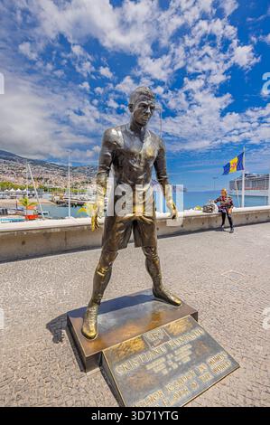 Statua in bronzo della superstar portoghese Cristiano Ronaldo al Museo CR7 di Funchal, capitale sulla costa meridionale di Madeira Foto Stock