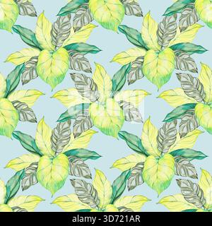 Motivo ad acquerello senza cuciture con delicate foglie verdi di monstera adansonii dipinte in un delicato stile botanico. Elegante design tropicale Foto Stock