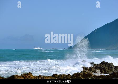 Owhiro Bay, Wellington, nuova Zelanda - 2 agosto 2025: Il traghetto Inter Islander aggira Red Rocks Foto Stock