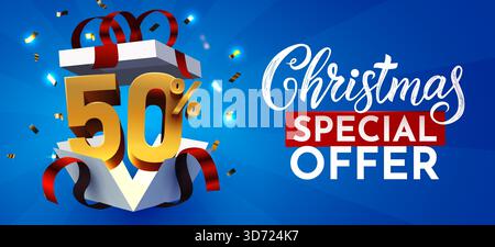 Banner dell'offerta speciale di Natale con 50 sconti da una confezione regalo. Design della promozione per le festività natalizie. Illustrazione vettoriale Illustrazione Vettoriale