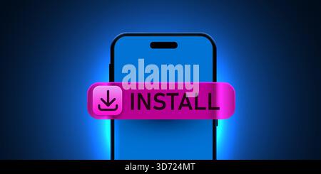 Smartphone moderno con un pulsante DI INSTALLAZIONE lucido sullo schermo, visualizzato in modo prominente su uno sfondo blu brillante. Illustrazione vettoriale Illustrazione Vettoriale
