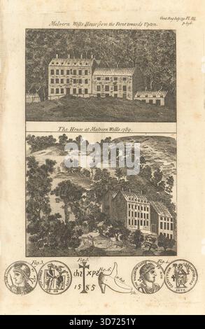 Wells House, Malvern Wells, dove Elgar insegnò musica. Monete romane 1791 stampa Foto Stock