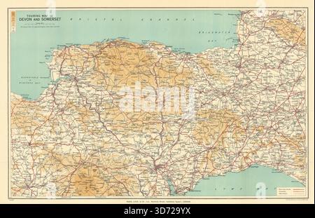 MAPPA TURISTICA DEL DEVON E DEL SOMERSET. Inghilterra sud-occidentale. WARD LOCK 1938 vecchio Foto Stock