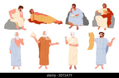 Gruppo di antichi filosofi in togas, ognuno che posa con cura o tiene rotoli e forme geometriche, rappresentando la classica saggezza greca e romana isolata su sfondo bianco Illustrazione Vettoriale