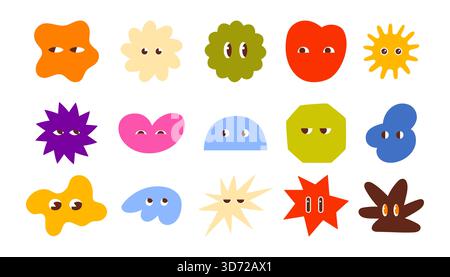 Divertente collezione di forme astratte di doodle con volti di cartoni animati espressivi, con colori brillanti ed emozioni uniche, isolata su sfondo bianco Illustrazione Vettoriale