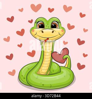 Carino cartone animato Green Snake con cuori. Illustrazione vettoriale di un animale su sfondo rosa con cuori rossi. Illustrazione Vettoriale